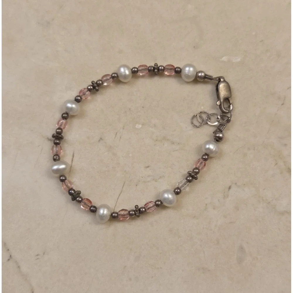 Vintage Sterling Silver Pearl & Pink Crystal Childrens / Girl's Bracelet 5.5-6